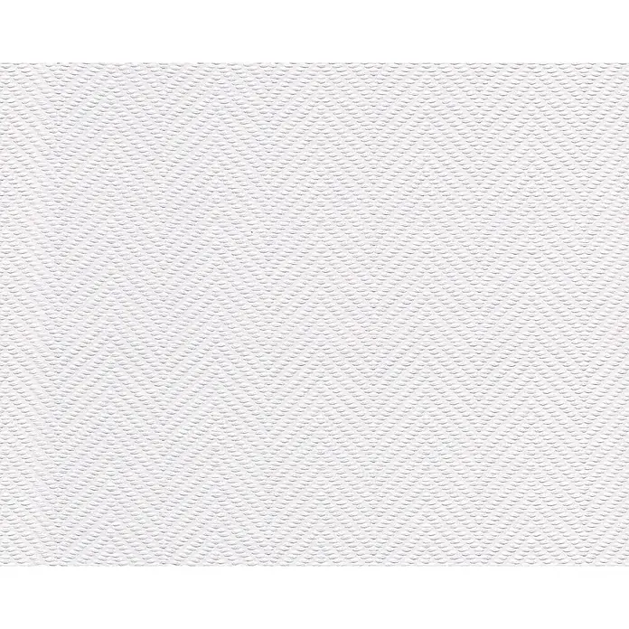 Atlantis Design Vliestapete Fischgrät - Weiß, Uni, 10,05 x 0,53 m - Nahaufnahme einer weißen Tapete mit Chevron-Muster, die eine subtile und elegante Textur für die Inneneinrichtung bietet.