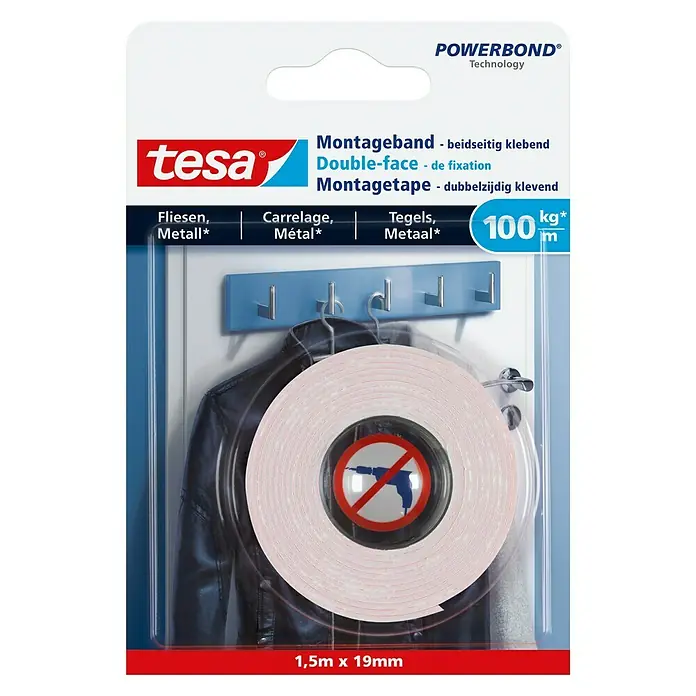 Tesa Montageband - Geeignet für: Fliesen, Belastbarkeit pro m: 100 kg, 1,5 m x 19 mm - Das Tesa Powerbond Montageband, eine doppelseitige Klebefixierung für Fliesen, Metall, und mehr mit einer Länge von 1,5m und 19mm Breite.