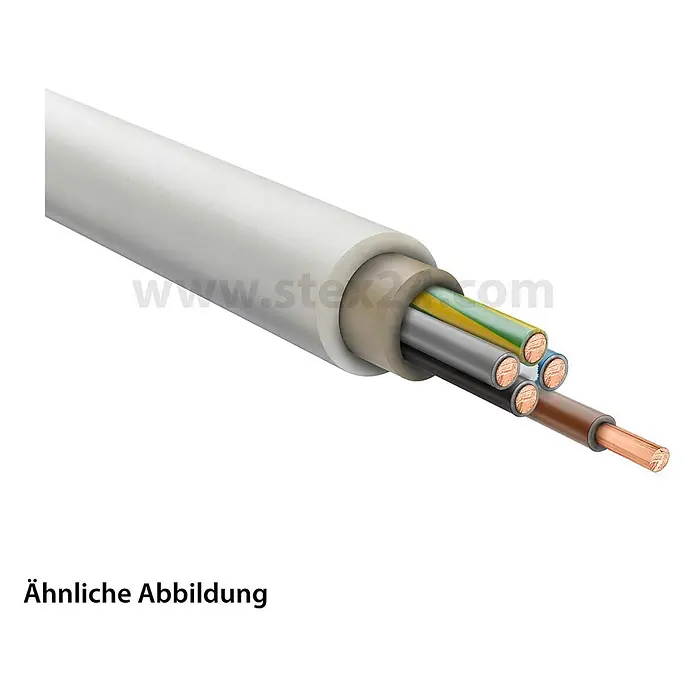 HELU KABEL NYM-J 5x2,5 mm² Mantelleitung AD 12,0 mm Nennspannung Uo/U 300 -  - Ein weißes Elektrokabel mit angeschnittenem Querschnitt, der fünf farbig isolierte Kupferleiter zeigt.