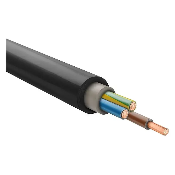 HELU KABEL NYY-J re 0,6/1kV 3x1,5 mm² Erdkabel AD 11,5 mm Nennspannung Uo/U -  - Querschnitt eines schwarzen Elektrokabels, das drei isolierte Kupferadern zeigt: grün/gelb, blau und braun.