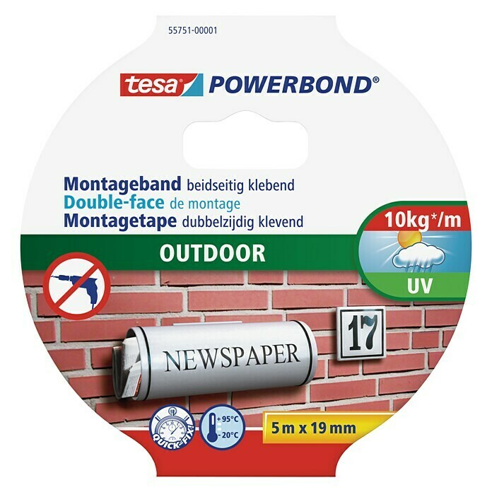 tesa Powerbond Montageband Outdoor (L x B: 5 m x 19 mm, Wasserbeständig)
