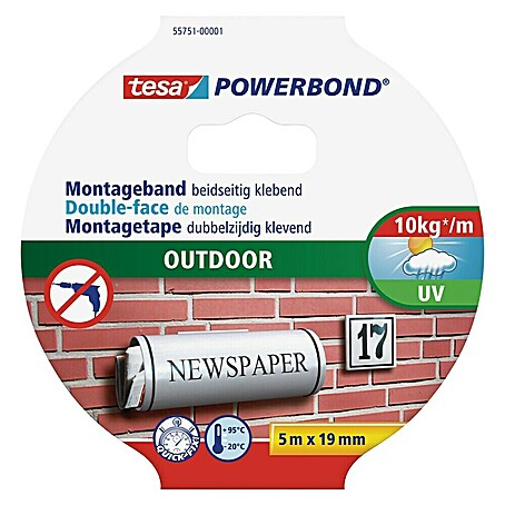 Tesa Powerbond Montageband Outdoor (L x B: 5 m x 19 mm, Wasserbeständig)