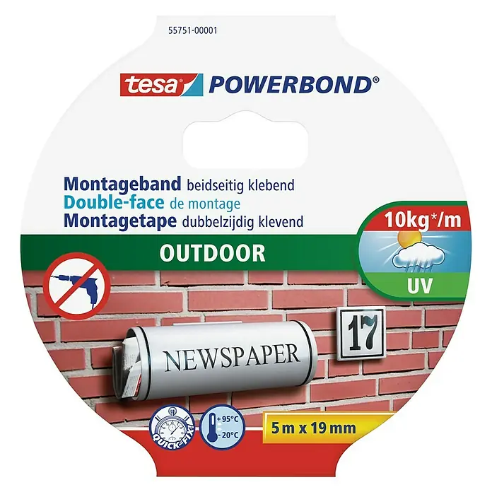 Tesa Powerbond Montageband Outdoor - L x B: 5 m x 19 mm, Wasserbeständig - Tesa Powerbond Outdoor Montageband: Doppelseitiges Klebeband für die Montage im Außenbereich, ideal für Zeitungsrollen und Hausnummern.