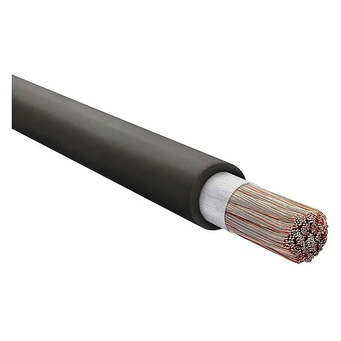 HELU KABEL H01N2-D 1X50 mm² Schweißleitung AD 13,2 mm 16,5 mm Nennspannung -  - Schwarzes Elektrokabel, aufgeschnitten, um die schwarze Außenhülle, weiße Isolierung und freiliegenden Kupferleiter zu zeigen.