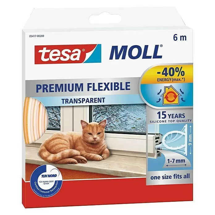 Tesa MOLL Silikondichtung Premium FlexibleTransparent, 6 m x 9 mm x 7 mm, Geeignet für: Spaltenbreiten 1 - 7 mm