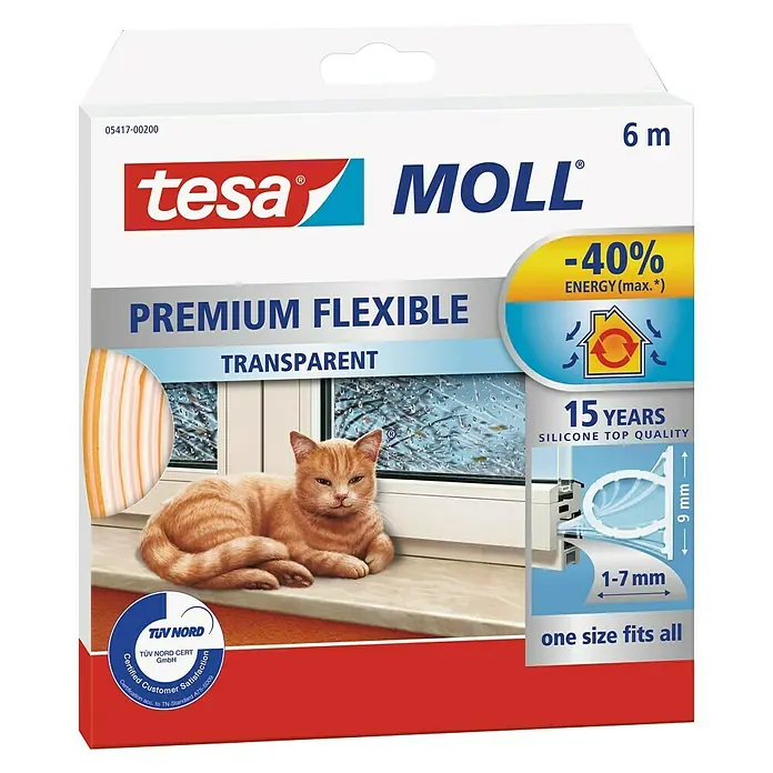 Tesa INSULATION Burlete de silicona Premium Flexible - Transparente, 6 m x 9 mm x 7 mm, Apto para: Desajustes de 1 - 7 mm - Embalaje de la cinta de sellado transparente Tesa Moll Premium Flexible con un gato.