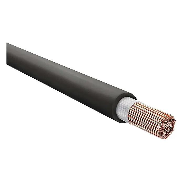HELU KABEL H01N2-D 1X10 mm² Schweißleitung AD 7,7 mm 9,7 mm Nennspannung -  - Schwarz isoliertes Elektrokabel mit freiliegendem Litzen-Kupferleiter.