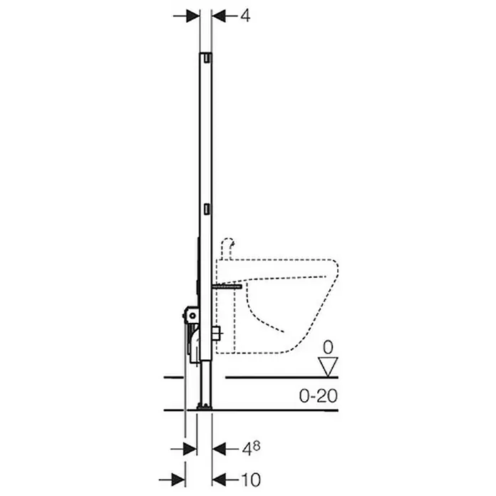 Geberit Duofix Bidet-Montageelement 111.510.00.2 - 10 x 50 x 112 cm, Pulverbeschichtet - Eine technische Zeichnung eines wandhängenden WCs mit Installationsdetails, einschließlich der Abmessungen und der Einbauhöhe.