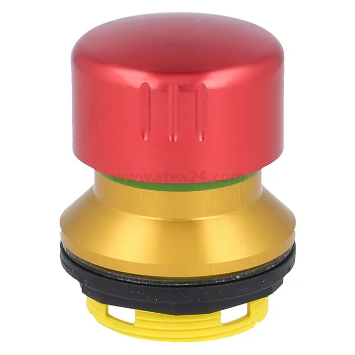 Georg Schlegel Not-Aus-Schalter / Not-Halt-Taster aus Aluminium für 16,2 mm -  - Rote und goldene Industrietasterkappe mit grünen und schwarzen Ringen und gelbem Boden.