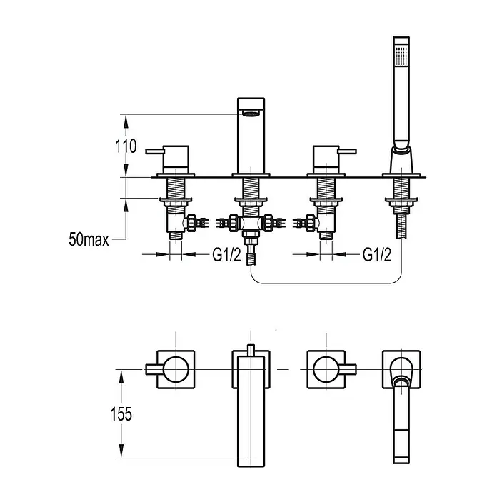 Ottofond Badewannenrandarmatur TQ 1000 - Chrom, Glänzend - Technische Zeichnung eines Waschbeckenmischers mit Handbrause, detaillierte Maßangaben für Installation und Design.