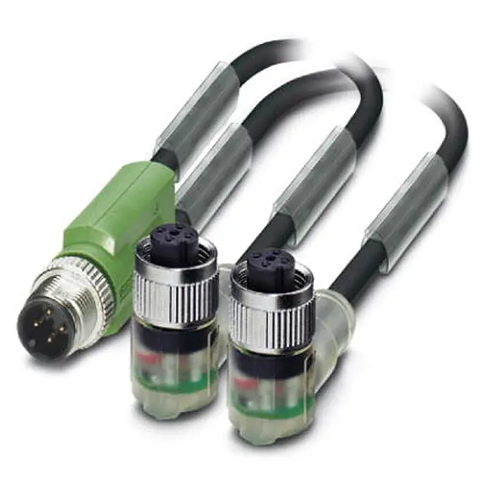 Phoenix Contact M12/M12/M12 Verteilerkabel mit LED 1xStift/2xBuchse | 0,6 -  - Eine schwarze Kabelbaugruppe mit einem grünen geraden M12-Stecker und zwei gewinkelten M12-Buchsen mit silberfarbenem Gewinde.