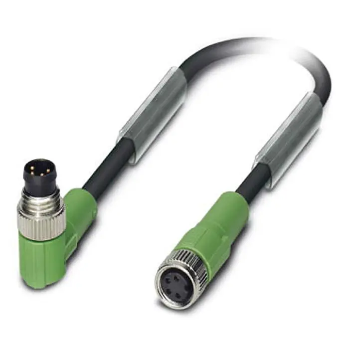 Phoenix Contact M8/M8 Verbindungsleitung 1xStift/1xBuchse | 4 [DUP-8584] -  - Schwarzes M12 Sensor-/Aktor-Kabel mit grünem rechtwinkligen Stecker und gerader Buchse, beide mit silbernen Metallgewinden.