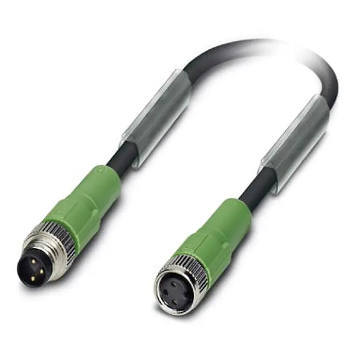 Phoenix Contact M8/M8 Verbindungsleitung 1xStift/1xBuchse gerade [DUP-8389] -  - Schwarzes M8 Sensor/Aktor-Kabel mit grünen 3-poligen Stecker- und Buchsenverbindern.