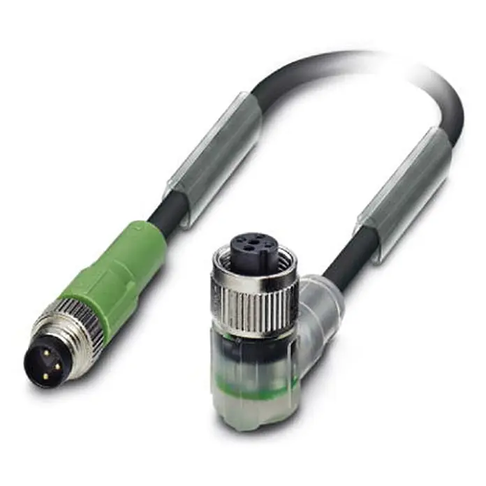 Phoenix Contact M8/M12 Verbindungsleitung mit LED [DUP-11653] -  - Schwarzes Kabel mit grünem geradem M12-Stecker und transparentem gewinkeltem M12-Buchsenstecker.