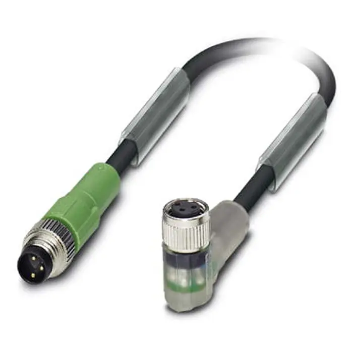 Phoenix Contact M8/M8 Verbindungsleitung mit LED [DUP-8651] -  - M12 Sensor-/Aktor-Kabel mit geradem Stecker (grünes Gehäuse) und gewinkeltem Buchse (grau/transparent), schwarzes Kabel.