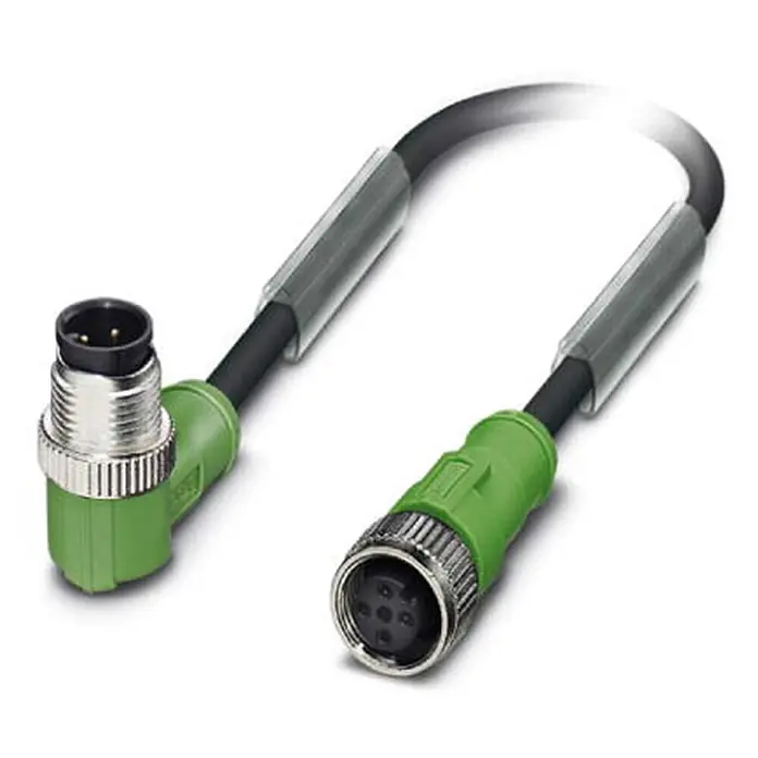 Phoenix Contact M12/M12 Verbindungsleitung 1xStift/1xBuchse | 4 [DUP-8599] -  - Grün-schwarzes M12 Sensor-/Aktorkabel: rechtwinkliger 4-poliger Stecker zu gerader 5-poliger Buchse.