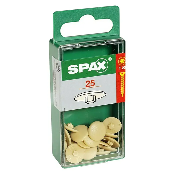 Spax Abdeckkappe - TX 20, Beige, 25 Stk. - Eine Packung SPAX Abdeckkappen in der Farbe Beige, die in einer transparenten Box mit grünem Etikett und Aufhänger präsentiert werden.