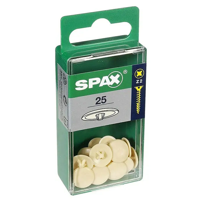 Spax Abdeckkappe für Kreuzschlitz Z2 - PZ 2, Beige, 25 Stk. - Bild einer Schachtel mit 25 SPAX-Senkkopfschrauben. Ideal für Holzprojekte, bei denen ein bündiges Finish erforderlich ist.