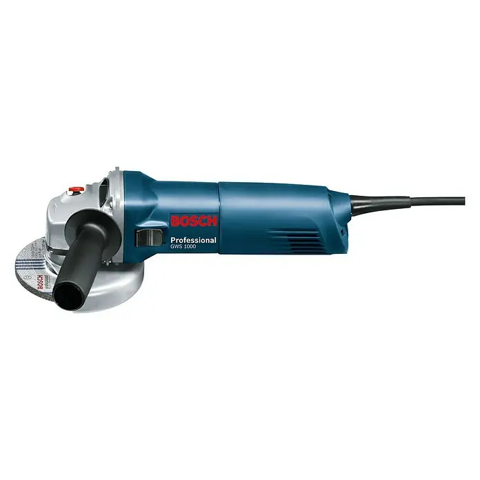 Bosch Professional Amoladora angular eléctrica GWS 1000 - 1.000 W, 125 mm, Número de revoluciones de marcha en vacío: 11.000 r.p.m. - La imagen muestra una amoladora angular azul Bosch GWS 1000, una herramienta eléctrica profesional para tareas de esmerilado.