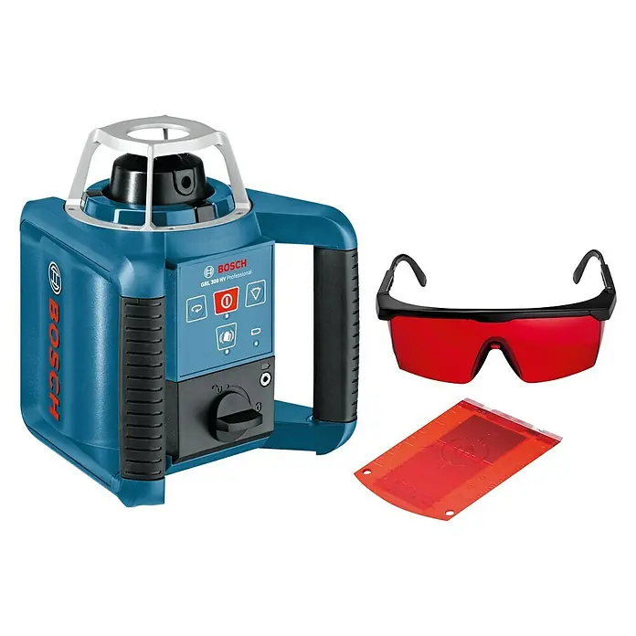 Bosch Professional Rotationslaser GRL 300 HV - Arbeitsbereich: Ø 60 m (ohne Empfänger), 10 -tlg. - Bosch GRL 300 HV Professional Rotationslaser Set mit roter Zieltafel und Laserbrille für präzise Nivellierarbeiten.