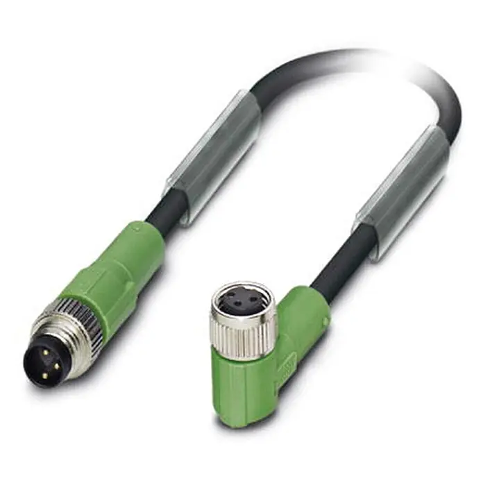 Phoenix Contact M8/M8 Verbindungsleitung 1xStift/1xBuchse | 3 [DUP-8620] -  - Schwarzes M12-Kabel mit einem geraden und einem gewinkelten grünen M12-Stecker.