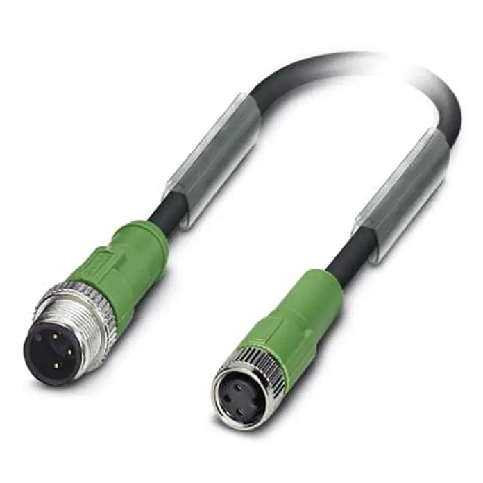 Phoenix Contact M12/M8 Verbindungsleitung 1xStift/1xBuchse [DUP-11620] -  - Schwarzes M12 Sensor-/Aktor-Kabel mit grünen 3-poligen Stecker- und Buchsenverbindern, Metallschraubverriegelung.