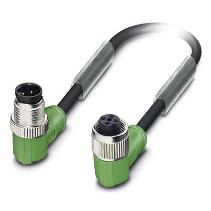 Phoenix Contact M12/M12 Verbindungsleitung 1xStift/1xBuchse | 4 [DUP-8612] -  - Grünes abgewinkeltes M12 Sensor/Aktor-Kabel mit männlichen und weiblichen Metallgewinde-Anschlüssen.
