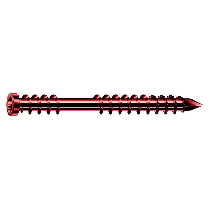 Spax Terrassenschraube T-Star Plus - 5 x 60 mm, Edelstahl rostfrei A2, Brüniert, 200 Stk. - Nahaufnahme einer roten Holzschraube mit Torx-Antrieb und einer scharfen Spitze. Ideal für professionelle und Heimwerkerprojekte.