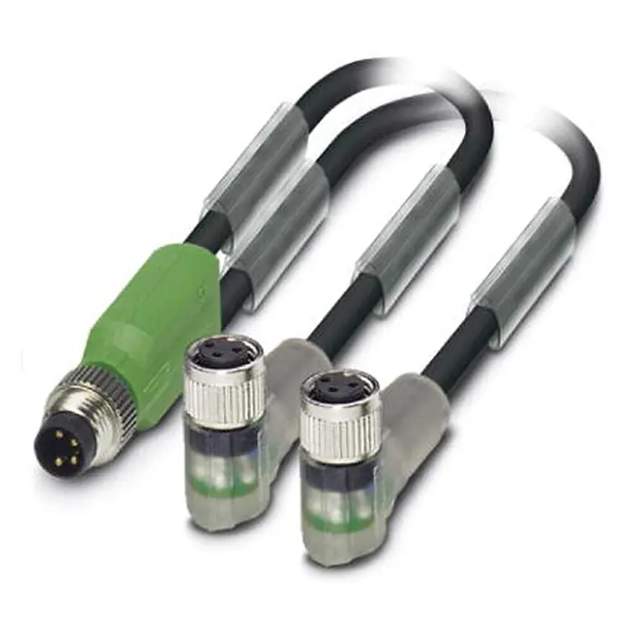Phoenix Contact M8/M8/M8 Verteilerkabel mit LED 1xStift/2xBuchse | 1,5 -  - Schwarzes Y-Verteiler-Sensor-/Aktorkabel mit einem geraden grünen M12-Stecker und zwei gewinkelten M12-Buchsen.