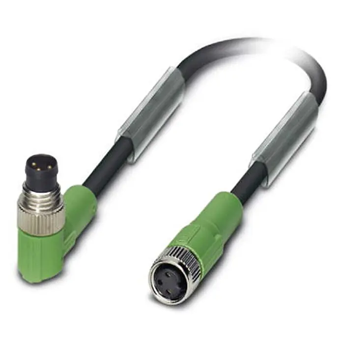 Phoenix Contact M8/M8 Verbindungsleitung 1xStift/1xBuchse | 3 [DUP-8641] -  - M12 Sensor-/Aktor-Kabel mit gewinkeltem Stecker und gerader Buchse, schwarzes Kabel mit grünen und silbernen Akzenten.