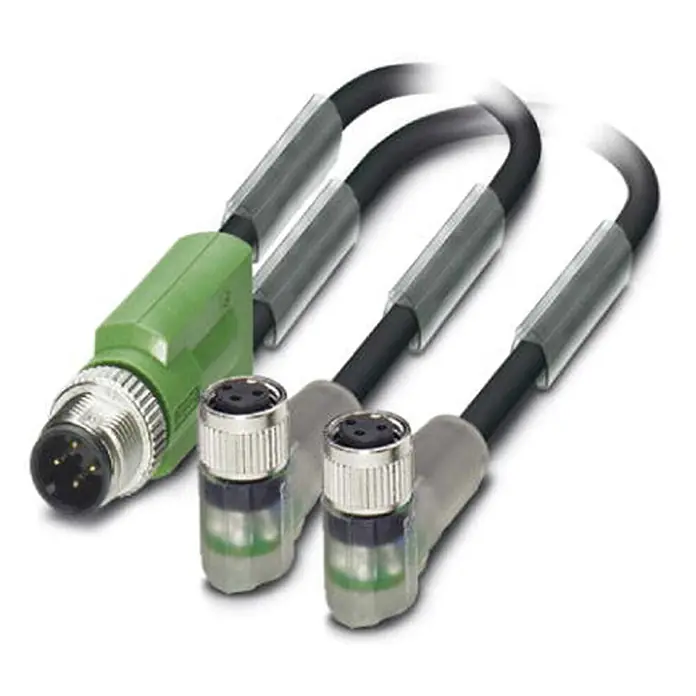 Phoenix Contact M12/M8/M8 Verteilerkabel mit LED 1xStift/2xBuchse | 1,5 -  - Grünes M12 Stecker auf zwei rechtwinklige M12 Buchsen Y-Kabel mit schwarzen Leitungen und LED-Anzeigen.