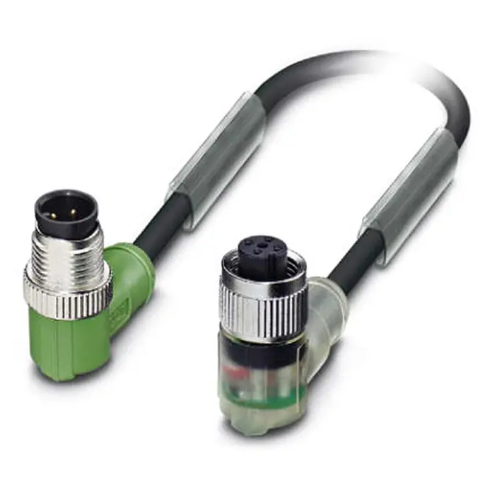 Phoenix Contact M12/M12 Verbindungsleitung mit LED [DUP-8528] -  - Gewinkeltes M12 Sensor-/Aktor-Kabel mit grünem Stecker und transparentem Buchsenstecker.