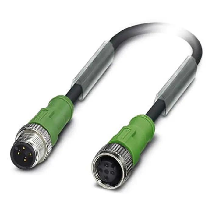 Phoenix Contact M12/M12 Verbindungsleitung 1xStift/1xBuchse [DUP-13592] -  - Grünes/silbernes M12 4-pol. Stecker auf 5-pol. Buchse Sensor-/Aktorleitung mit schwarzem Kabel.