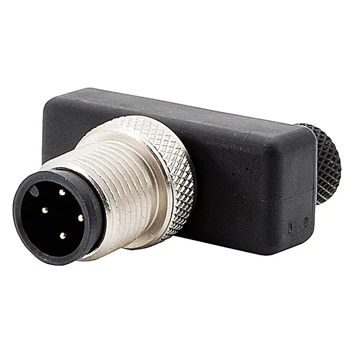 Phoenix Contact M12/M8/M8 Y-Verteiler 1xStift/2xBuchse gerade 4/3-pol. -  - Schwarzer gewinkelter 4-poliger M12-Stecker mit silberner Überwurfmutter.