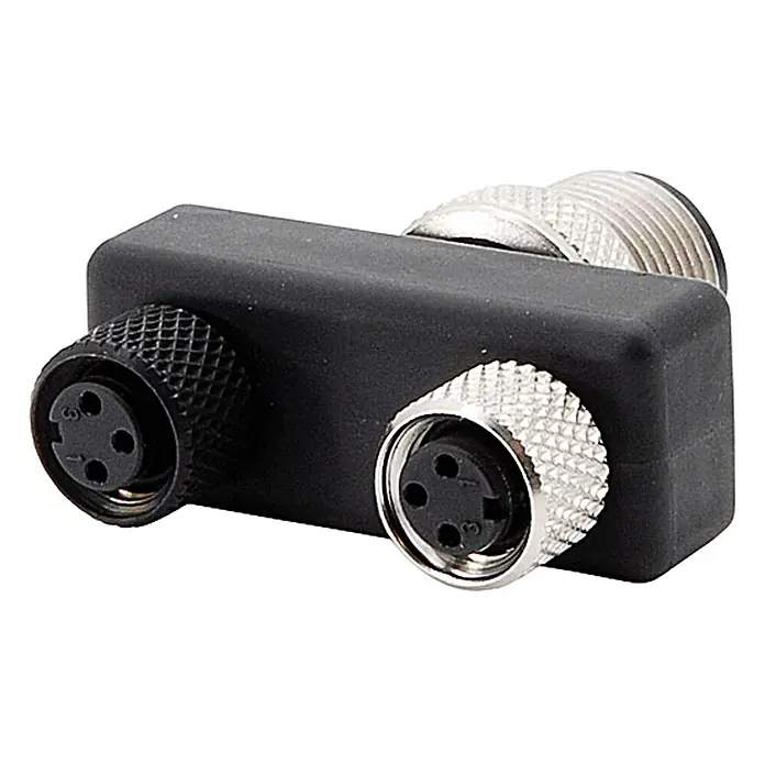 Phoenix Contact M12/M8/M8 Y-Verteiler 1xStift/2xBuchse gerade 4/3-pol. -  - Schwarzer M8 Y-Verteiler, ein Stecker und zwei Buchsen 3-polig.