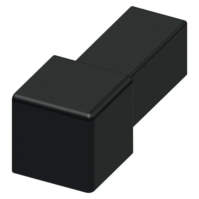 Quadroprofil - Aluminium, Schwarz, 12,5 mm, Gebürstet - Schwarzes, rechtwinkliges Eckstück, möglicherweise ein Verbinder oder eine Abdeckung, mit leicht abgerundeten Kanten für eine moderne Optik.