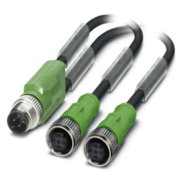 Phoenix Contact M12/M12/M12 Verteilerkabel 1xStift/2xBuchse [DUP-10141] -  - Grünes und schwarzes M12 Y-Verteilerkabel mit einem Stecker und zwei Buchsen für Sensor/Aktor-Anwendungen.