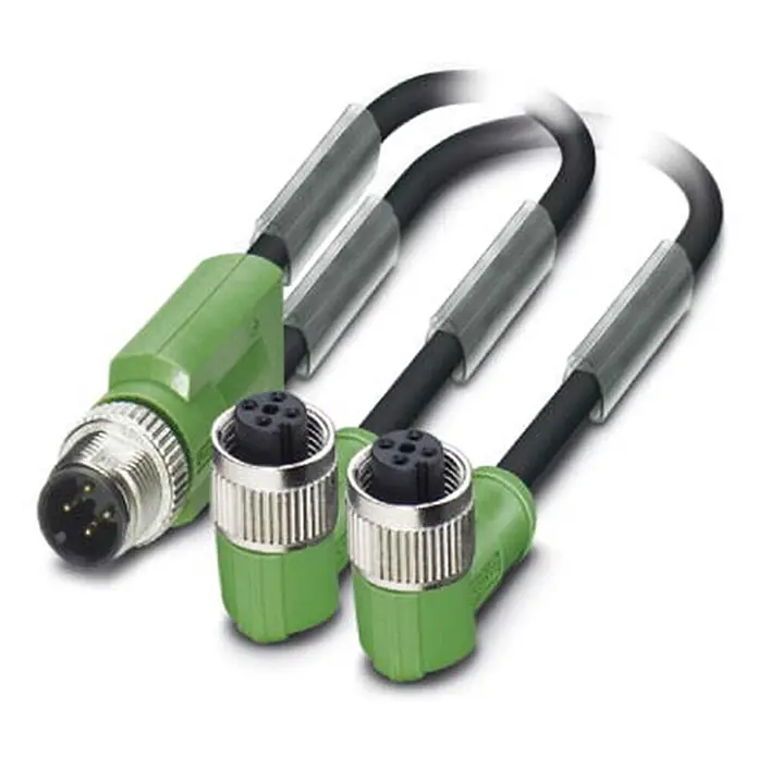 Phoenix Contact M12/M12/M12 Verteilerkabel 1xStift/2xBuchse | 0,3 -  - Grünes M12 Sensor-/Aktor-Kabel mit einem geraden und zwei gewinkelten Steckern, Metallverschraubung und schwarzem Kabel.
