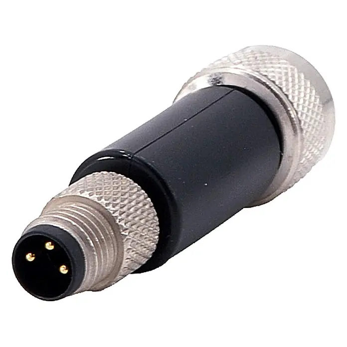 Phoenix Contact M8/M12 Adapter 1xStift/1xBuchse gerade 3/3-pol. A-Kodierung -  - Schwarzer 3-poliger Industriestecker mit silbernen Rändelmuttern.