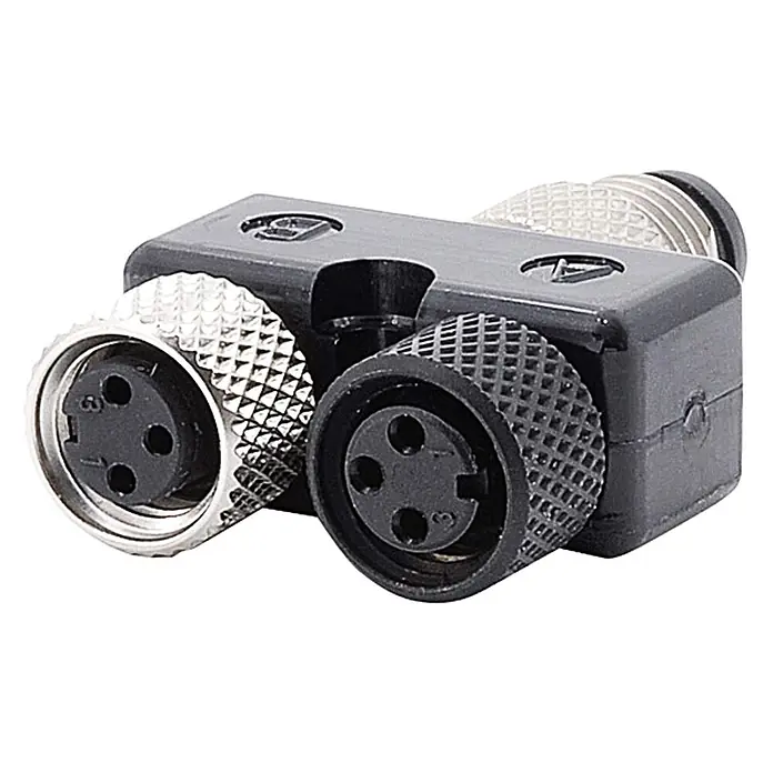 Phoenix Contact M8/M8/M8 Y-Verteiler 1xStift/2xBuchse gerade 4/3-pol. -  - Schwarzer M8 Y-Verteiler mit zwei Buchsen und einem 3-poligen Stecker, mit gerändelten Metall- und Kunststoff-Überwurfmuttern.
