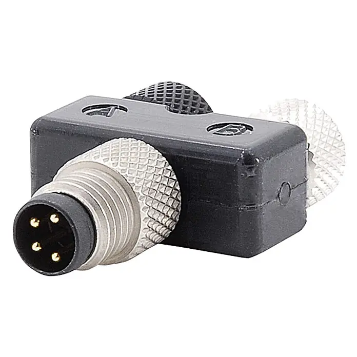 Phoenix Contact M8/M8/M8 Y-Verteiler 1xStift/2xBuchse gerade 4/3-pol. -  - Schwarzer M12 Winkeladapter mit 4-poligem Stecker und gerändelten Metallmuttern.