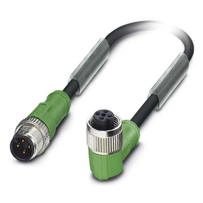 Phoenix Contact M12/M12 Verbindungsleitung 1xStift/1xBuchse | 4 [DUP-8607] -  - Grünes M12 Sensor/Aktor-Kabel mit geradem Stecker und gewinkeltem Buchsenstecker.