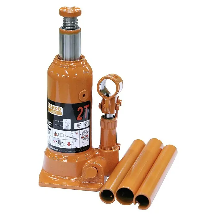 Bahco Hydraulischer Flaschenwagenheber BH42 - Hubhöhe: 172 mm - 372 mm - Hebevorrichtung für schwere Lasten: Ein orangefarbener 2-Tonnen-Rangierwagenheber mit Stange zur manuellen Bedienung.