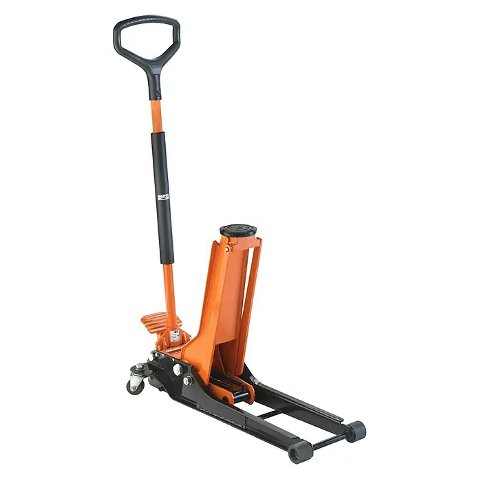 Bahco Hydraulischer Rangierwagenheber BH11500 - Hubhöhe: 70 mm - 610 mm - Ein orangefarbener Wagenheber mit schwarzem Griff, ideal zum Anheben von Fahrzeugen in der Werkstatt oder Garage.