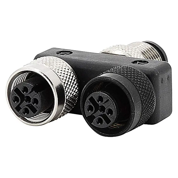 Phoenix Contact M12/M12/M12 Y-Verteiler 1xStift/2xBuchse gerade 5/5-pol. -  - Schwarzer T-Verteiler für M12-Steckverbinder mit drei 4-poligen Schraubanschlüssen, zwei silberne und einer schwarze.