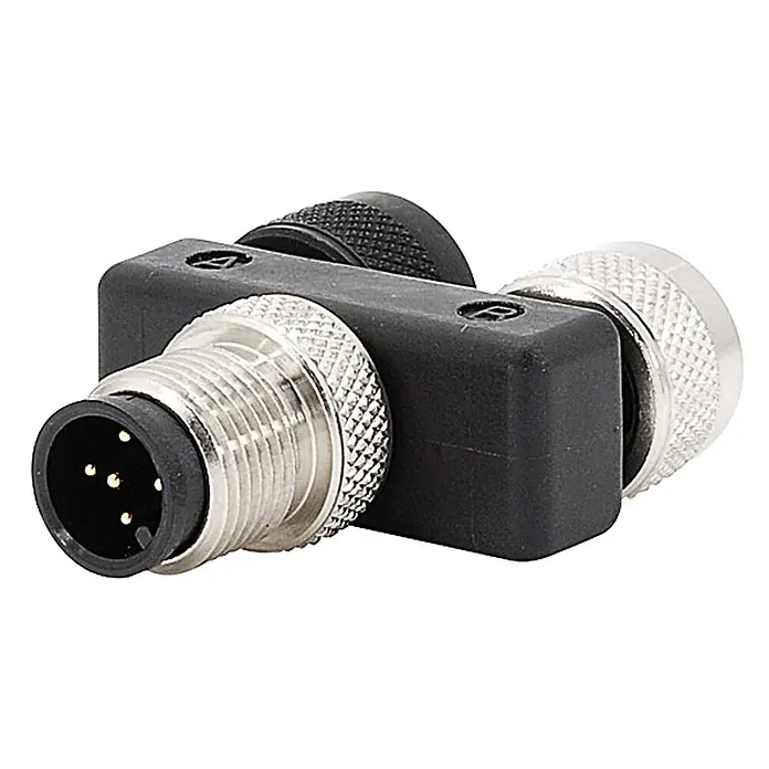 Phoenix Contact M12/M12/M12 Y-Verteiler 1xStift/2xBuchse gerade 5/5-pol. -  - Schwarzer M12 Y-Verteiler mit drei gerändelten Metallanschlüssen, davon ein 5-poliger Stecker.