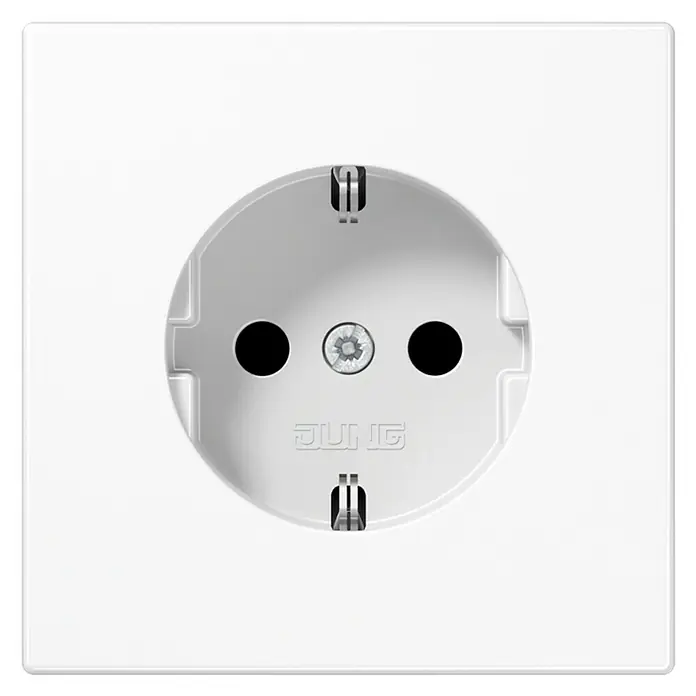Jung LS 990 Steckdose mit erhöhtem Berührungsschutz LS1520KIWW - Alpinweiß, Hochglänzend, Kunststoff, Unterputzmontage - Weiße Jung-Steckdose für den sicheren Gebrauch im Innenbereich mit dem markanten Jung-Logo, eine ideale Lösung für jedes Zuhause.