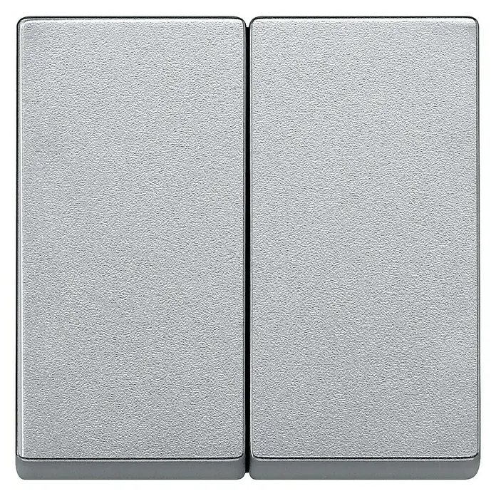Merten M-Plan Serienschalterwippe 433560 - Aluminium, Kunststoff, Unterputzmontage - Eine Nahaufnahme eines silberfarbenen Doppel-Lichtschalters mit strukturierter Oberfläche, der modernes Design und Funktionalität vereint.