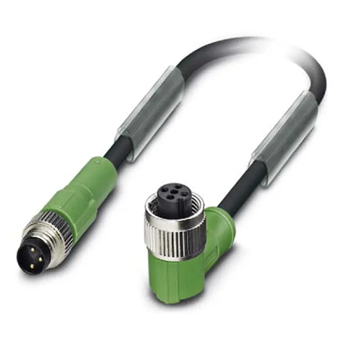 Phoenix Contact M8/M12 Verbindungsleitung 1xStift/1xBuchse [DUP-11640] -  - Grünes und schwarzes M12 Sensor/Aktor-Kabel mit geradem Stecker und gewinkeltem Buchsenstecker.