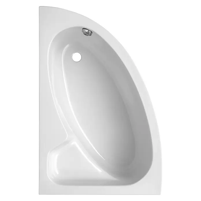Ottofond Raumsparbadewanne Sansibar B - 150 x 97 cm, Sanitäracryl, Weiß, Links - Draufsicht auf eine weiße Eckbadewanne mit glatter Oberfläche und chromfarbenem Abfluss.